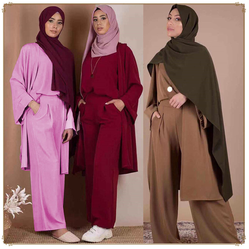 Abaya-Ensemble trois pièces pour femmes, cardigan, kimono, musulman, ramadan, dubaï, turquie, aïd, islamique, confortable