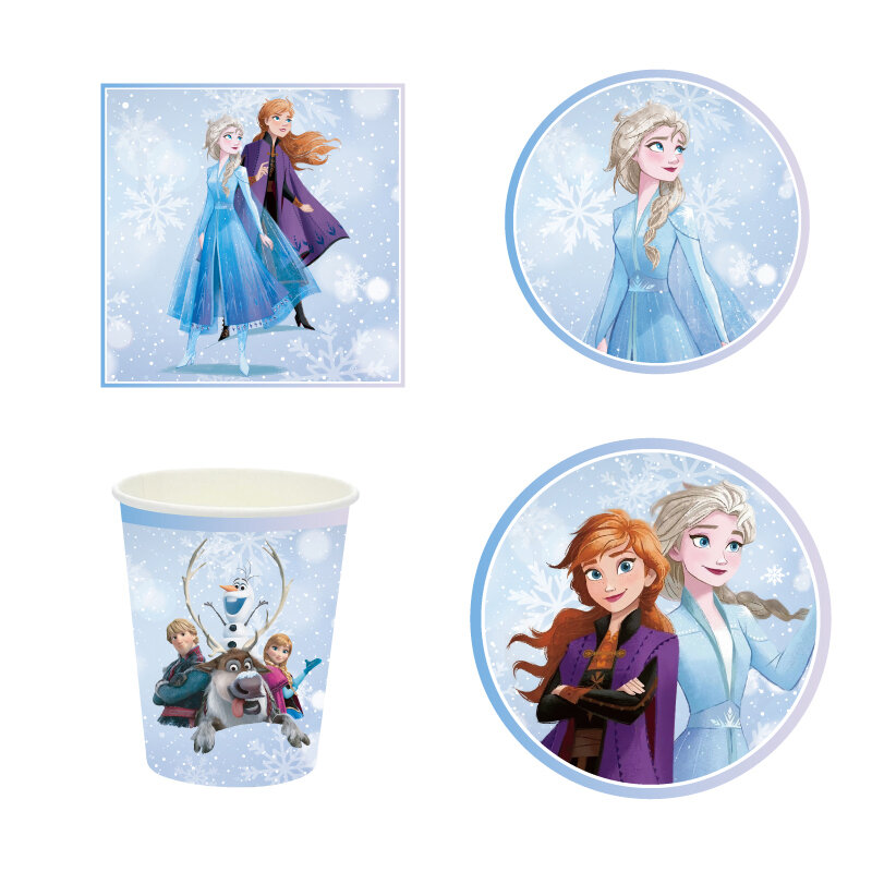 Cubiertos de fiesta de cumpleaños con temática de Frozen, vasos de papel, platos de papel, toallas de papel, suministros de decoración de fiesta desechables para niña