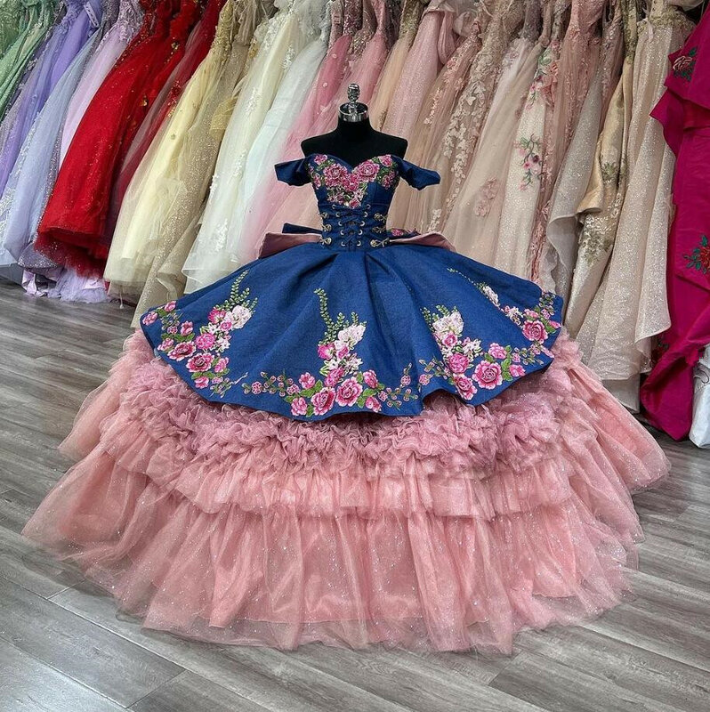 Rose Pink Girly Charro Quinceanera Dresses Off Shoulder Sparkly Floral Applique vestido de 15 años quinceanera with Big Bow
