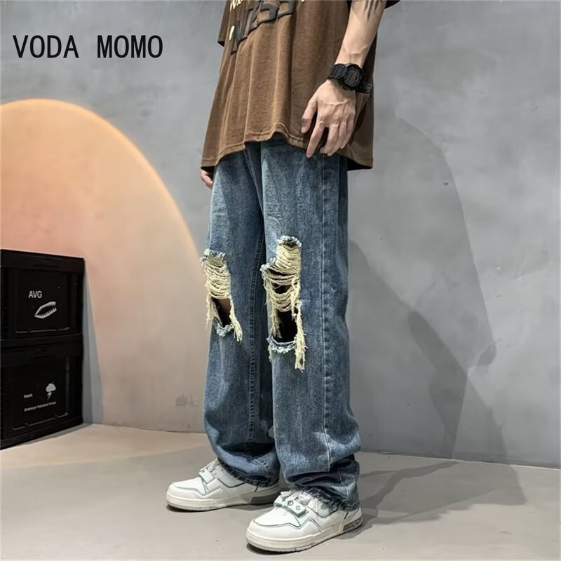 Pantalones vaqueros holgados de pierna ancha para hombre, ropa de calle informal, con agujeros rasgados