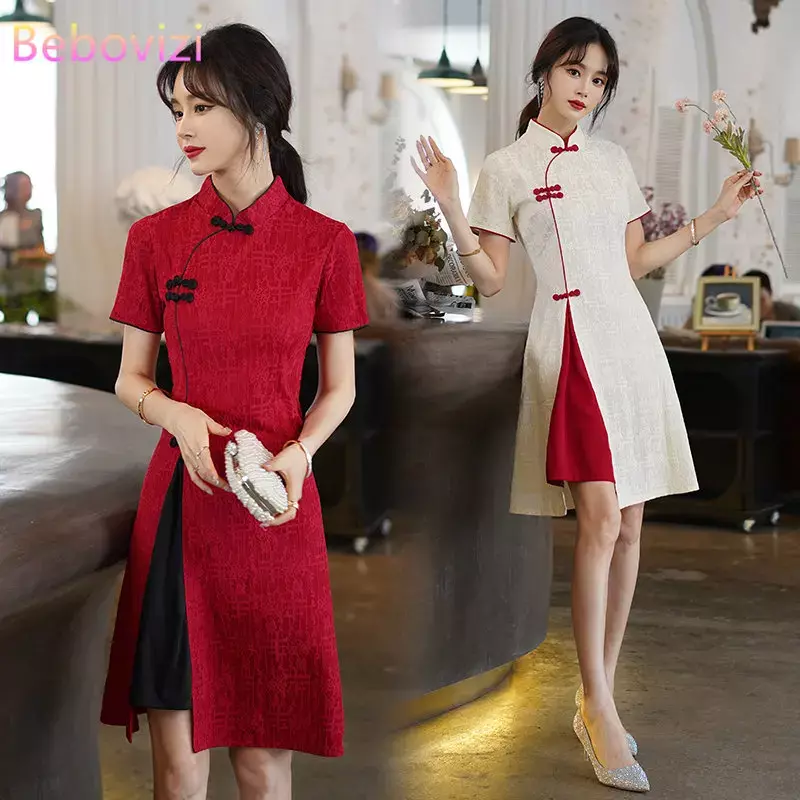 Vintage cinese tradizionale Casual Party Women Qipao Dress Summer Stand Collar manica corta Cheongsam CNY
