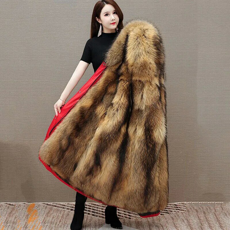 Jaqueta de pele de raposa destacável para mulheres, capuz, casaco grosso quente, pele de raposa, casaco feminino, inverno, novo, 1