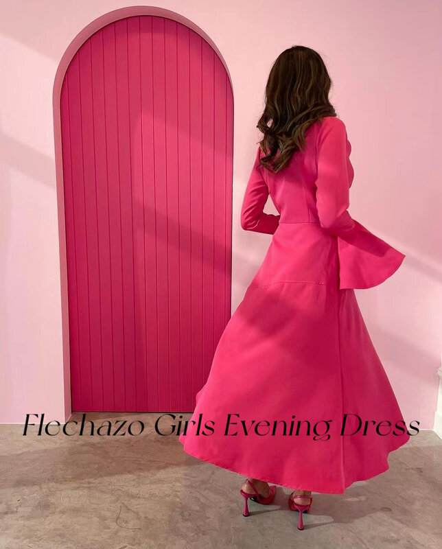 Flechazo Hot Pink Evening Dresses O Neck Tea-Length Rose Flower A Line Celebrity Party Dress For Women 2024 платье на выпускной
