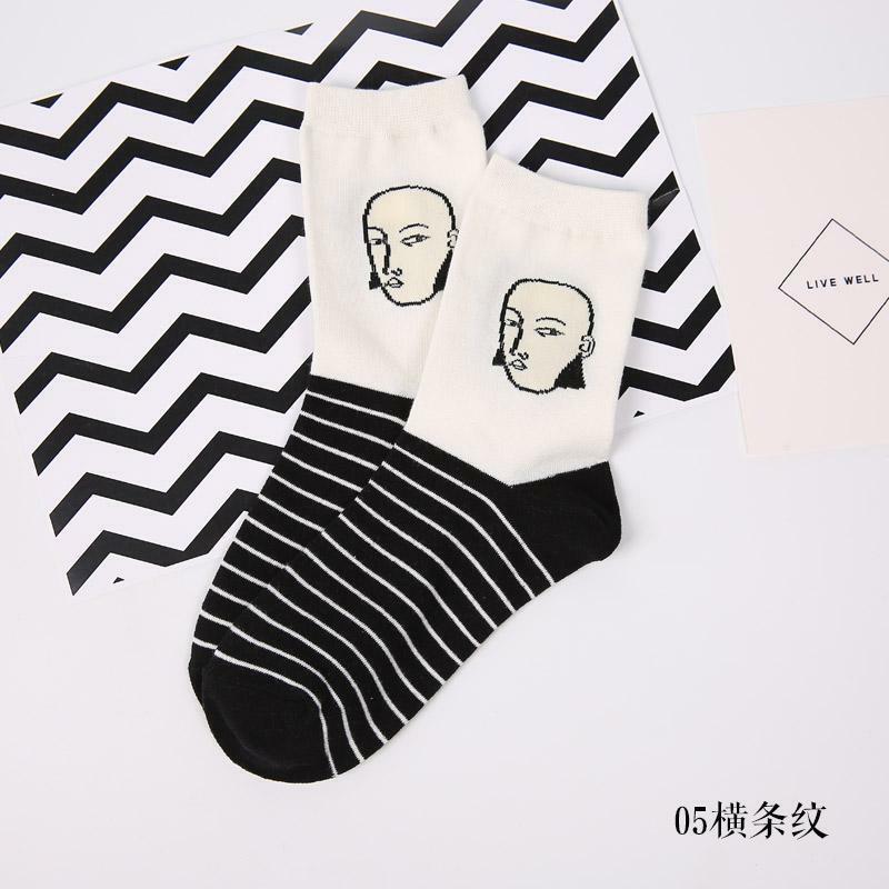 Women's Socks New Japanese Cotton Mid Length Black and White Character Fashion Cartoon Stripe Plaid Academy Style Cotton Socks