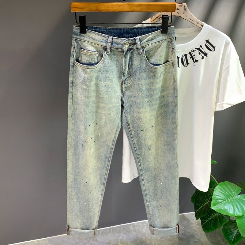 Jeans lavado high-end masculino, calças de rua, resistente ao desgaste, impressão de cartas, fino, reto, estilo hip-hop, retrô, moda