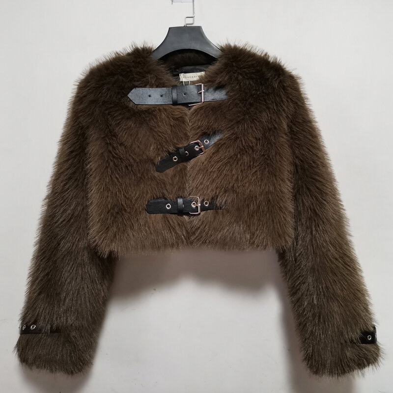 Женское пальто из искусственного меха, толстые теплые пальто из искусственного меха с коротким вырезом, длинными рукавами и пуговицами на поясе для осени и зимы