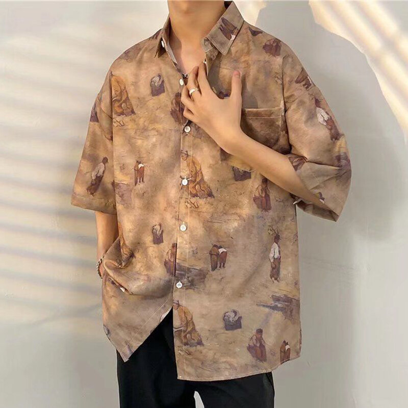Рубашка мужская с отложным воротником, стильная повседневная Универсальная футболка с принтом, на пуговицах, с карманами, в английском стиле, лето 2024