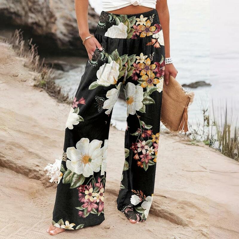 Elastische Taille Hose mit weitem Bein Blumen blatt bedruckte Damen elastische Hose mit hoher Taille und weitem Bein und Taschen