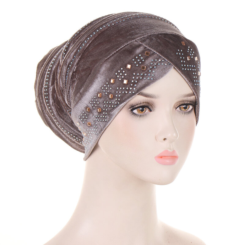 Glitter Diamonds Pleated Turban Cap Women Soft Velvet Head Wraps Caps Muslim Headscarf Bonnet Female Beanie Pullover Cap
