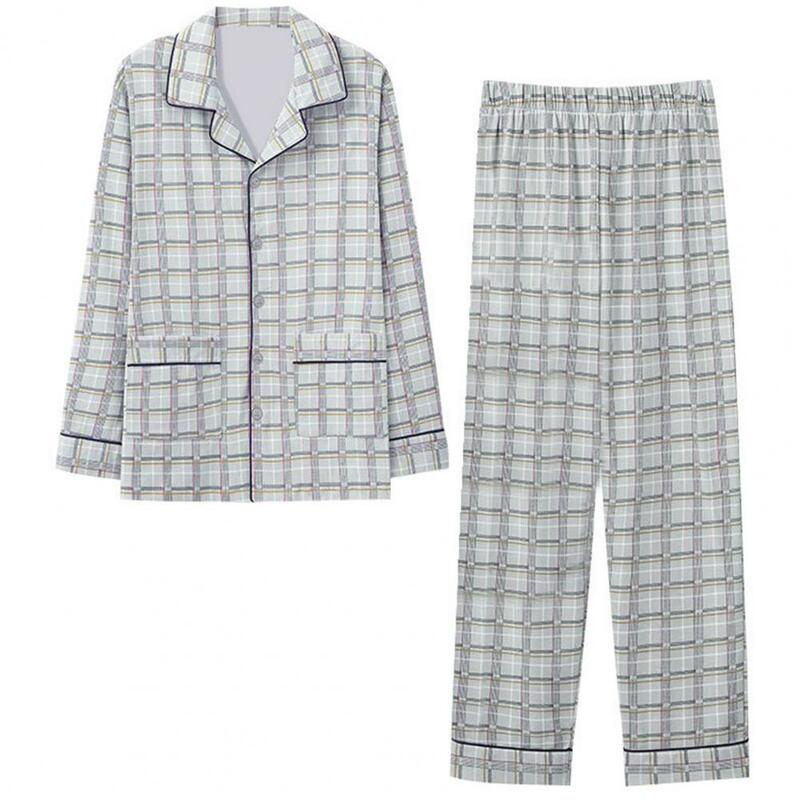 Pijama de manga comprida masculino com gola lapela, calça elegante, estampa de secagem rápida, conforto familiar, primavera, outono