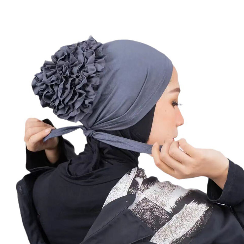 Hijabs preatados para mujer, sombrero de turbante, HIjab interno, gorras de Color sólido, abaya de flores en la espalda, bufanda islámica, nuevo