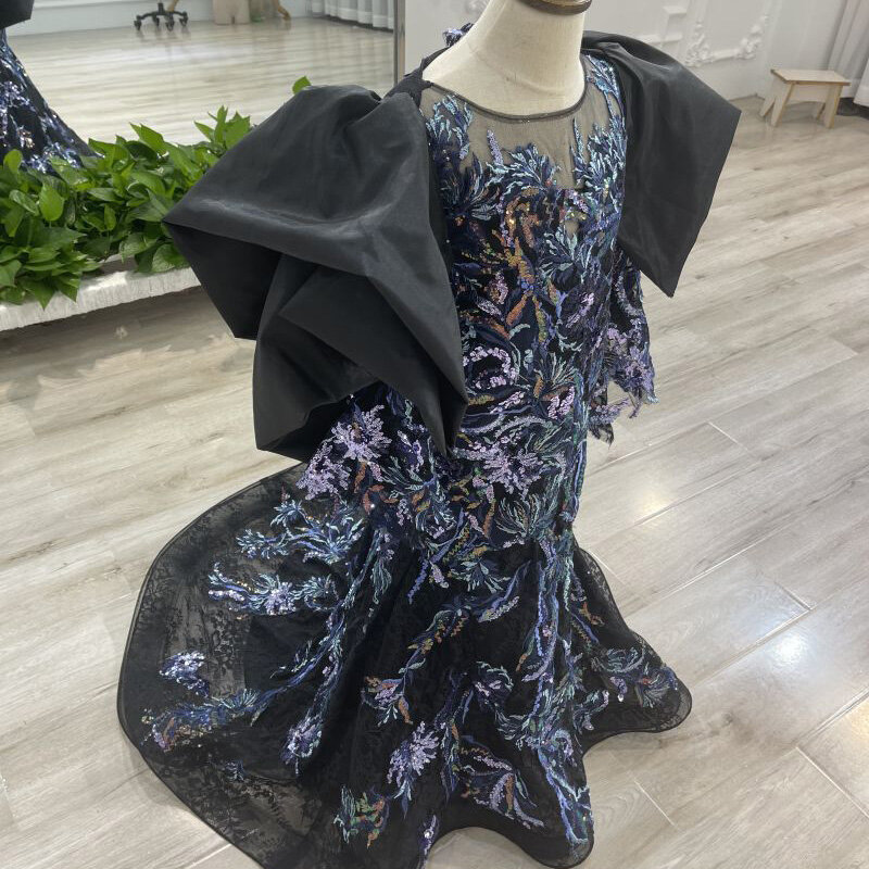 Children's black exquisite flower embroidered shawl fishtail dress