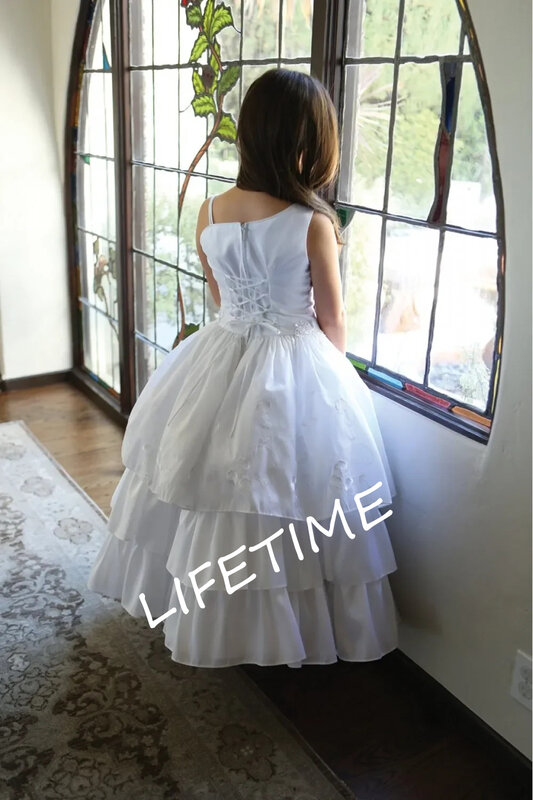 Elegant Taffeta With Jacket One Shoulder Layered Lace Girl Dresses For Weddings Princess Communion Pageant Gowns Prom 2023