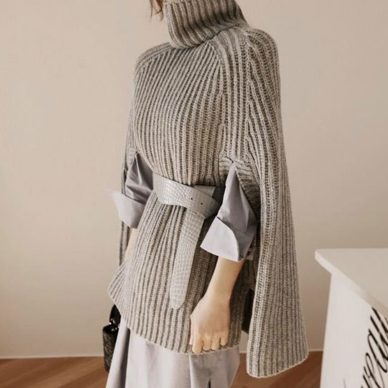 Signore tinta unita inverno maglia oversize dolcevita a coste dolcevita Poncho maglione modelli Crochet Poncho Pullover donna maglione