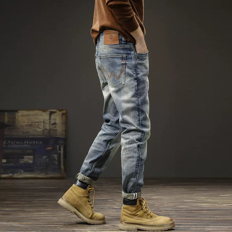 Moda designer calças de brim dos homens de alta qualidade retro azul elástico fino ajuste rasgado jeans estilo italiano do vintage calças de brim hombre
