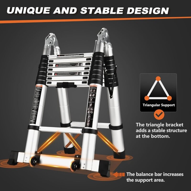 Telescoping Ladder A Frame, 12.5 Ft Compact Aluminum Extension Ladder, Portable Telescopic RV Ladder for Outdoor Camper