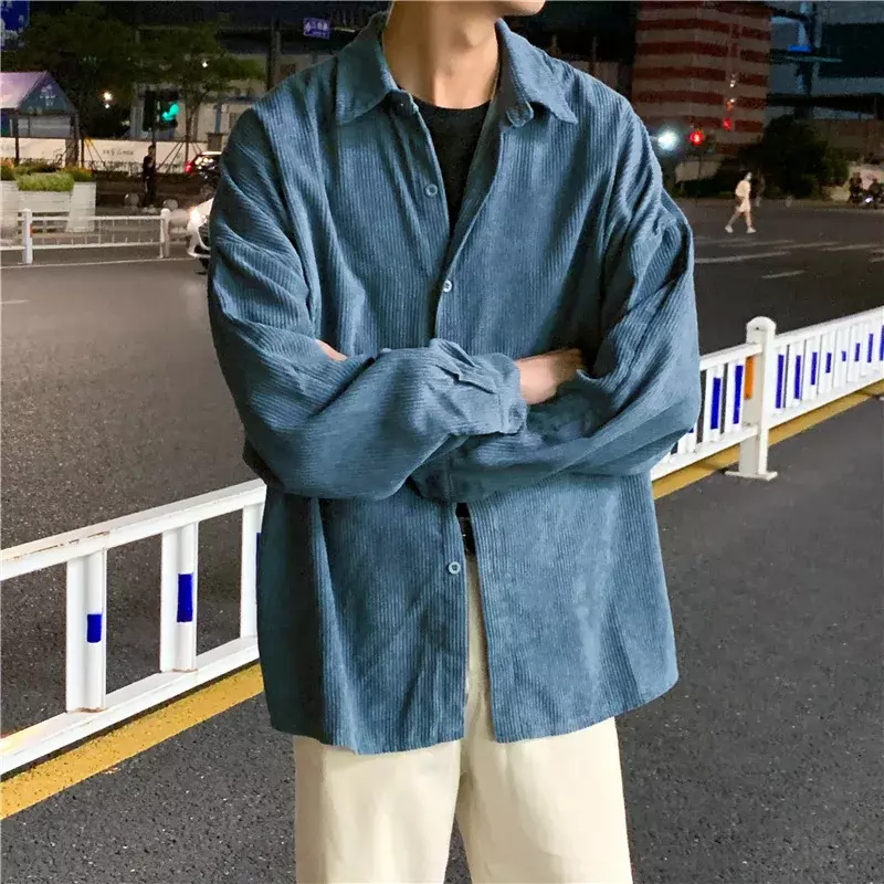 Khaki Corduroy Men Shirts Fashion Korean Oversized Baggy Tops Spring Autumn Cardigan Long Sleeve Blouse Vintage Male Y2K Clothes