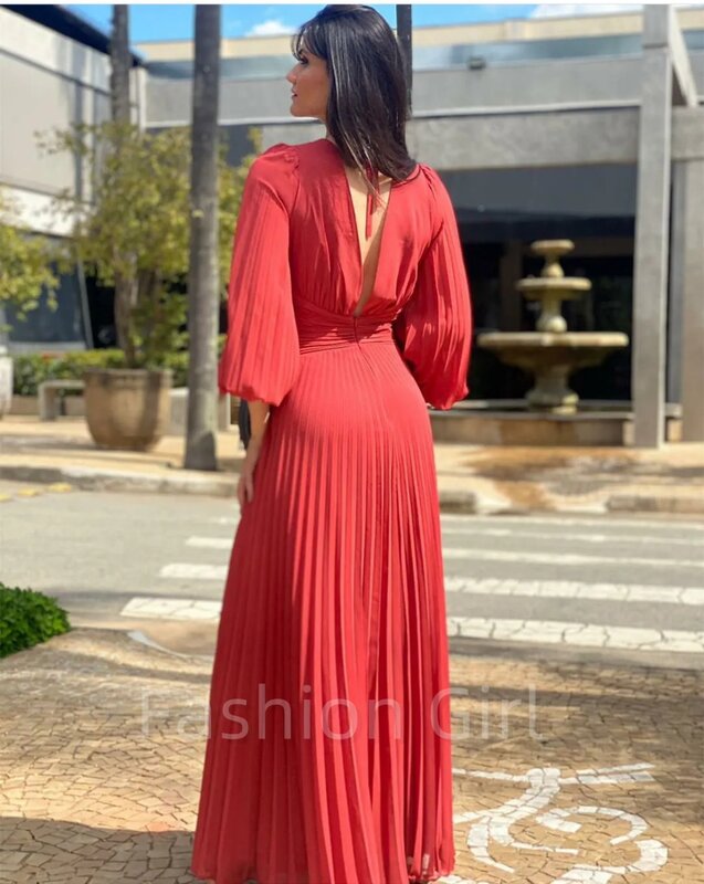 Vintage Red Long Sleeves Pleated V-Neck Evening Dresses A-Line Chiffon Floor Length Prom Gowns for Women Vestidos De Fiesta