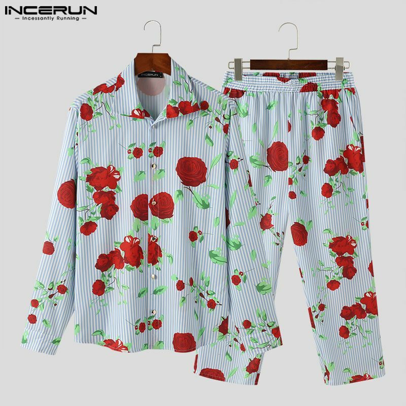 INCERUN 2024 American Style Sets New Men's Fashionable Floral Stripes Long Sleeved Shirts Long Pants Casual Two-piece Sets S-5XL