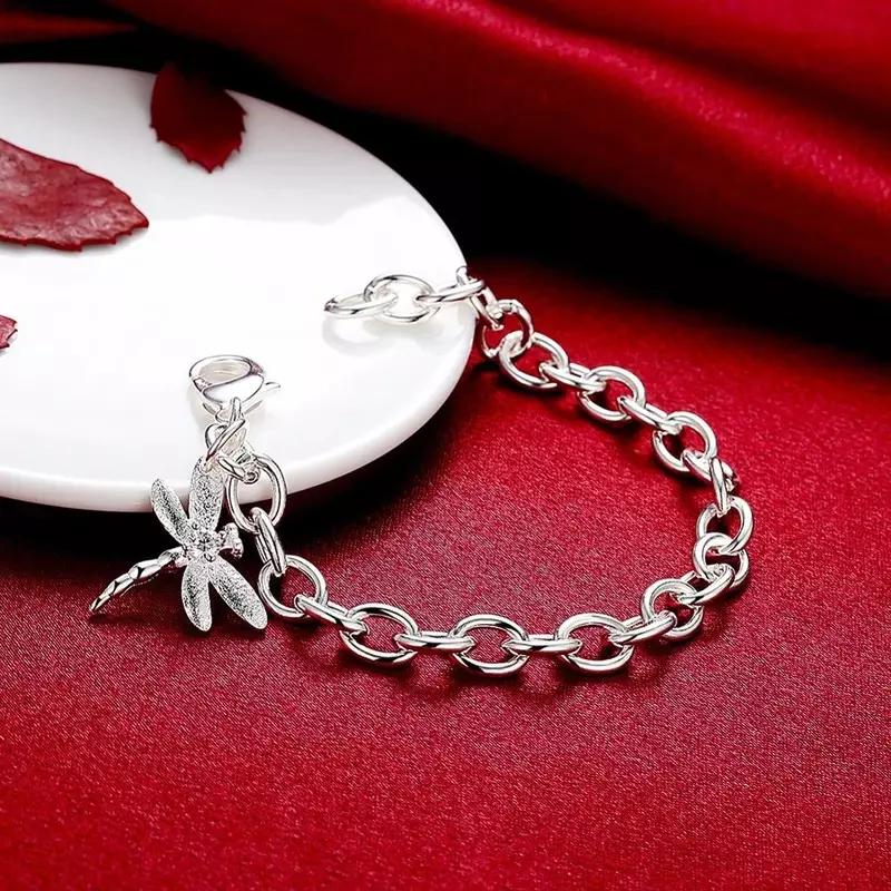Bracelet en argent regardé 925 pour femme, pendentif libellule, bijoux de fête de mariage, cadeaux de vacances