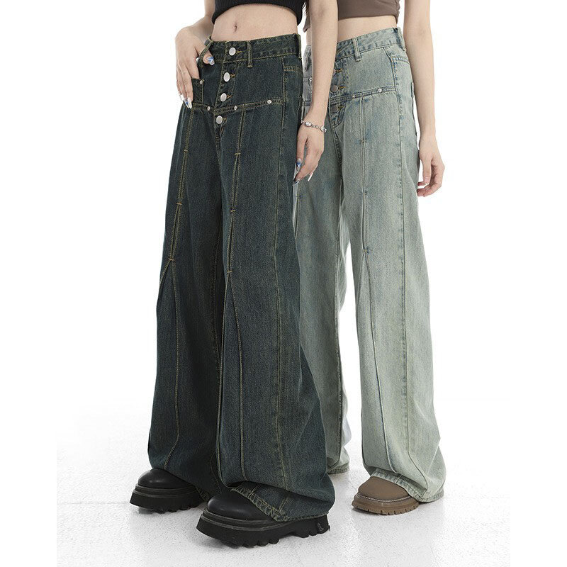 Button High Waist Y2K Denim Pants Women Straight Wide-leg Cargo Pants Vintage Casual Streetwear Harajuku Jeans