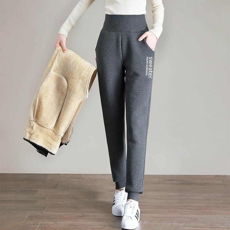 Lamb Cashmere Trousers for Women's Clothing Thickened in Autumn Winter for Warmth Wear High Waist Cotton Trousers Cashmere Harem