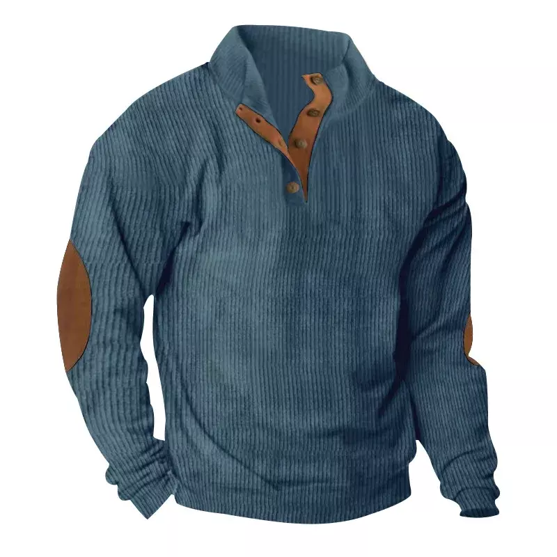 2024 kaus lengan panjang bertudung pria, Sweatshirt kasual longgar lengan panjang kontras dengan kerah berdiri kancing musim gugur untuk pria