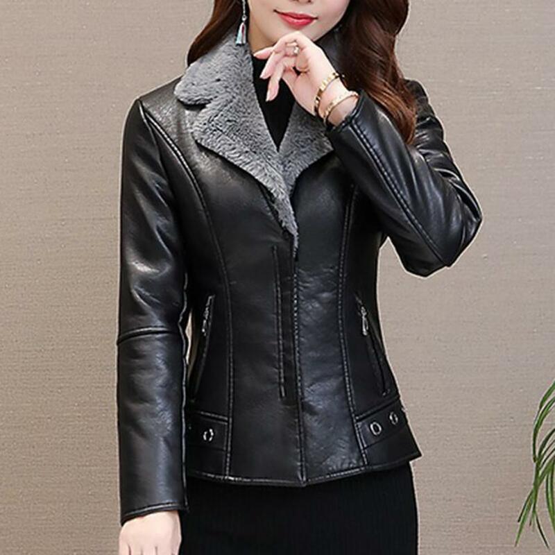 Casual Faux Leather Jacket Stylish Faux Leather Women's Jacket with Plush Lining Zipper Pockets Slim Fit Design for Fall Winter