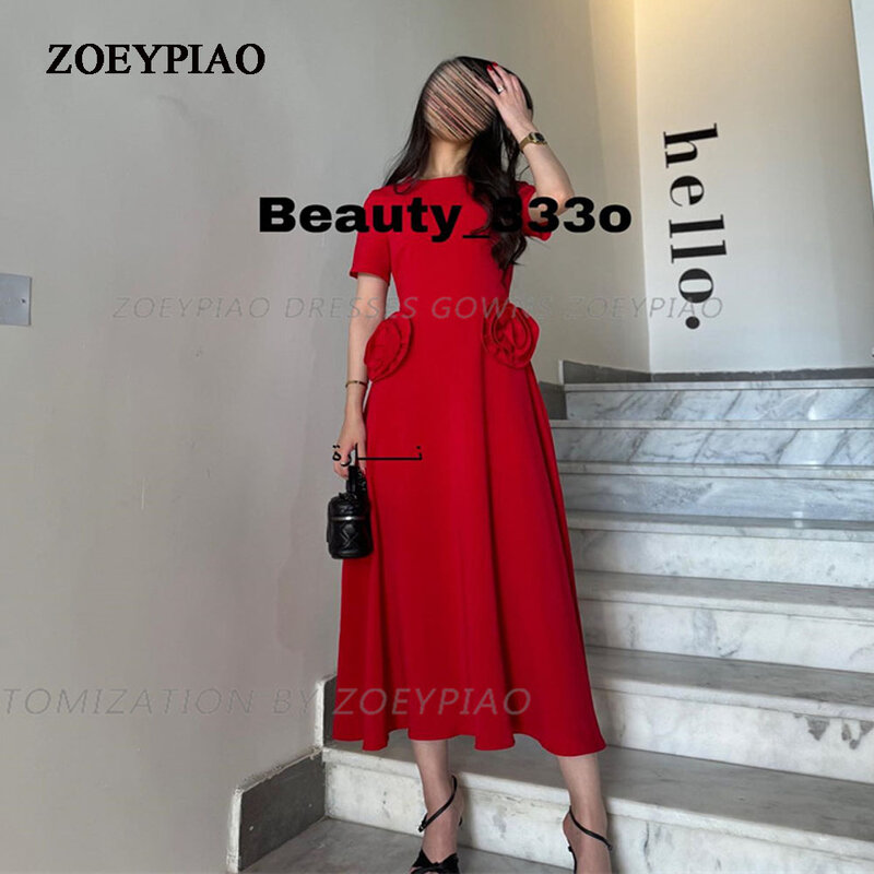 Red O Neck Saudi Arabic Evening Dresses Cap Sleeves Pleats Satin A Line Dubai Prom Party Dress with Flowers Celebrate Event Gown