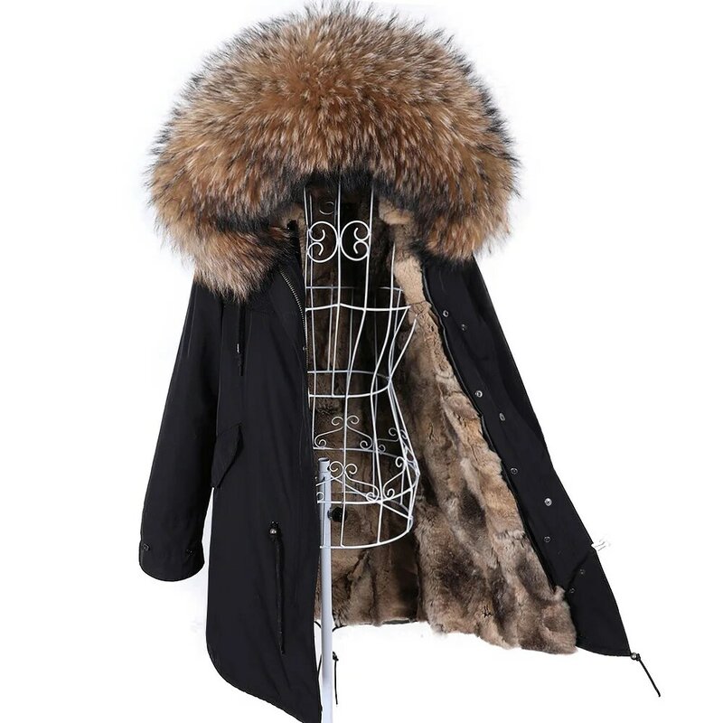 MAOMAOKONG Mantel Bulu Rubah Asli Lapisan Kelinci Alami Jaket Parka Panjang Wanita Musim Dingin dengan Kerah Bulu Rakun