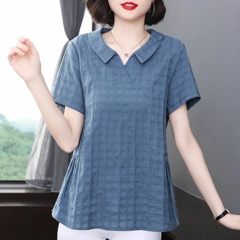 Camisetas de manga corta con pliegues para mujer, ropa holgada que combina con todo, de Color liso con solapa, 2024
