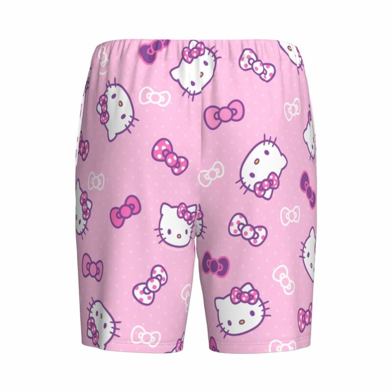 Anime Hello Kitty pijama bottoms com bolsos, impressão personalizada, arco rosa, shorts de sono masculino, pijamas anime, pijamas