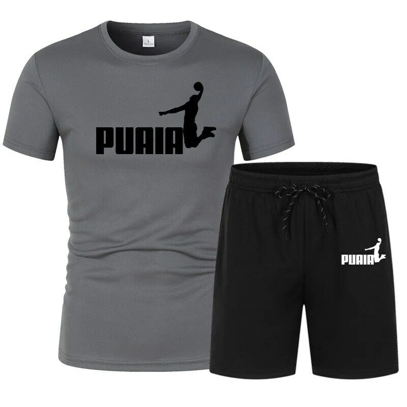 ชุดเสื้อยืด + กางเกงขาสั้นสำหรับผู้ชายชุดวิ่งจ๊อกกิ้งแฟชั่นแขนสั้นพิมพ์ลายชุดกีฬาลำลองสำหรับผู้ชาย