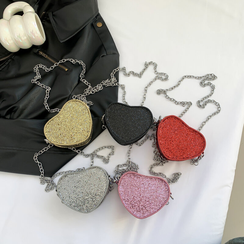 Mini Cute Love Shape Shoulder Bags para mulheres, PU Leather, Sequin Crossbody Bag, Lady Chain Bolsas e Bolsas, Tendência Feminina, 2024