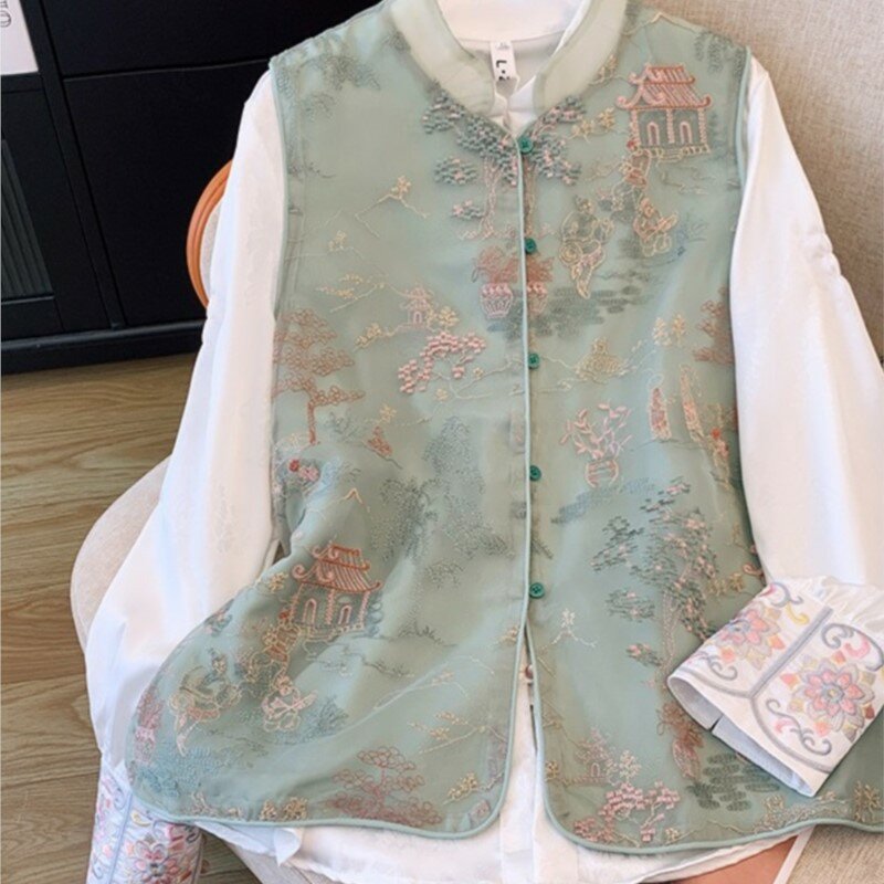 Heavy Industry Organza Embroidery Vest Suit Women's New Chinese Style Waistcoat Shirt Bandage Dress Two-Piece Set