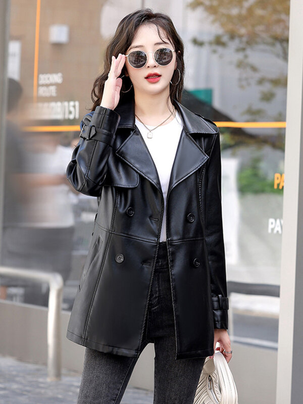New Women Leather Coat Spring Autumn Fashion Turn-down Collar Double Breasted Lace-up Slim Trench Coat Split Leather Outerwear