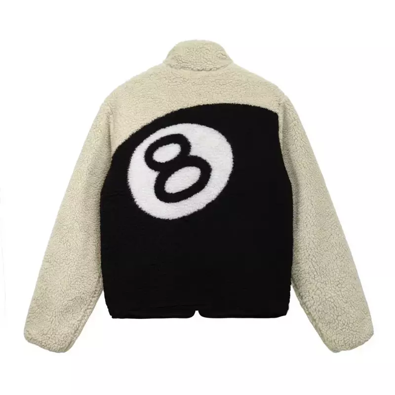 Schwarze 8 Ball Jacke übergroße Modell verdickte doppelseitige Lamm Fleece Billard Print Jacken