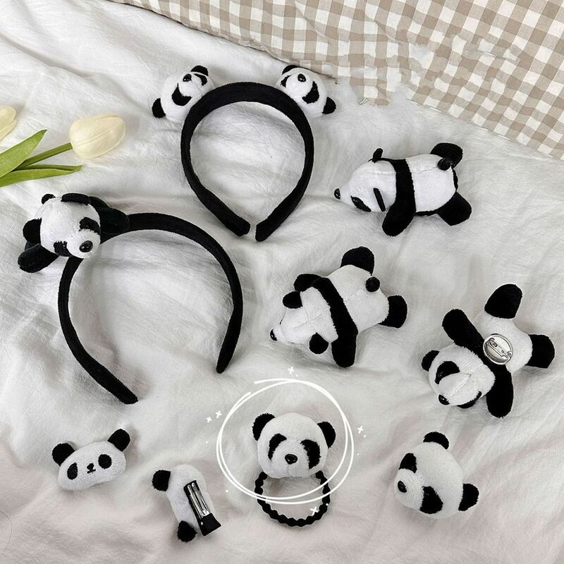 Chinese Cartoon Lovely Plush Panda Headband Hairpin Brooch Hair Rope Aggregate Cute 3D Animal Head Doll Jewelry Hair Accessories