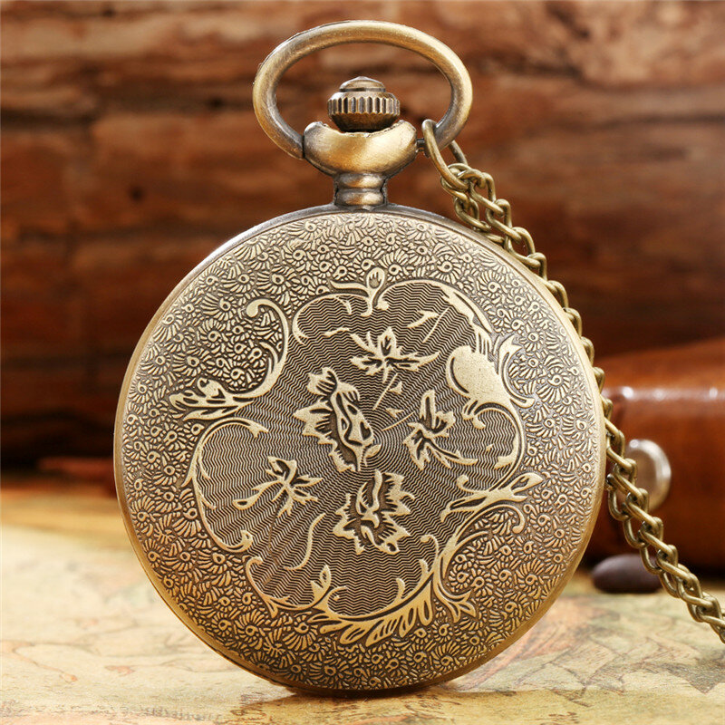Bronze Pocket Watch com Hollow Dad Design Cover, Relógios De Quartzo Retro, Colar De Pingente, Relógio De Corrente, Presente para Papai
