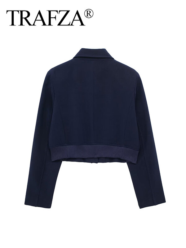 TRAFZA Woman's Streetwear Short Jacket Solid Turn-Down Collar Long Sleeve Fake Pocket Single Breasted Spring Coat Woman Trendy
