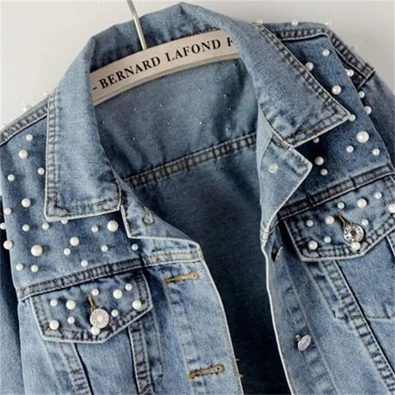 Jaqueta jeans recortada estilo coreano feminino, lapela curta, botão solto, pérolas, casaco de lã casual, novo, outono, 2023