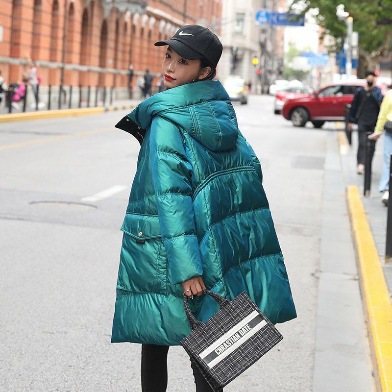 Casaco feminino de comprimento médio, parka grossa solta, jaqueta com capuz, rosto brilhante, streetwear coreano, moda, inverno, novo, 2023