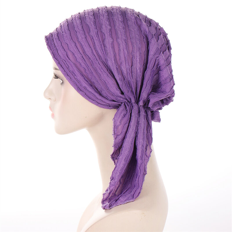 Fashion Women Turban Solid Color Pre-tie Headwear Chemo Cap Folds Solid Soft Turban Hat Headscarf Wrap Cancer Hair Accessories