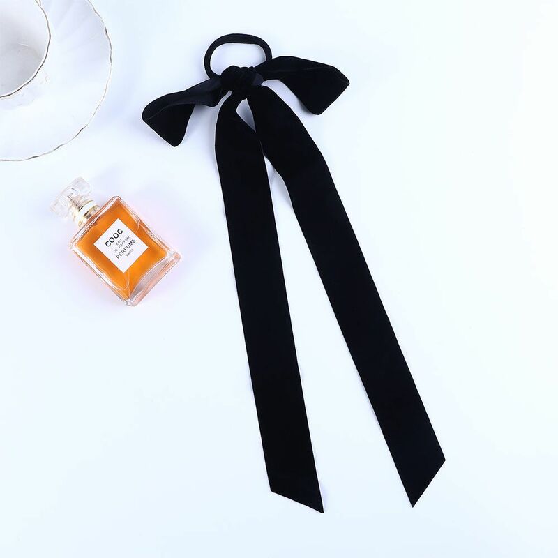 Gift French Style Ribbon Bow Handmade Party Velvet Elastic Hair Rope Ponytail Holder Long Hairband