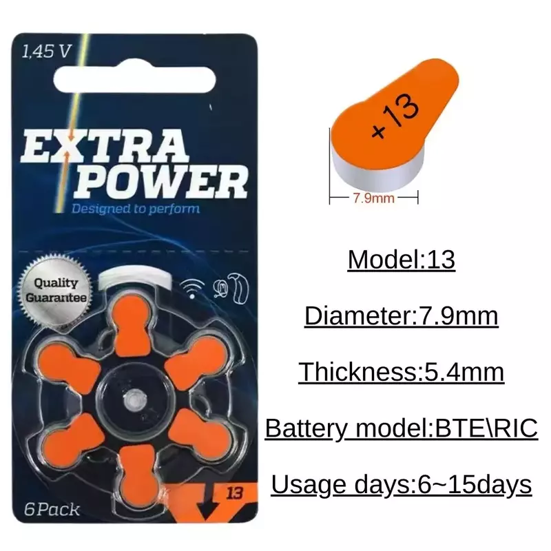 Baterias de Aparelhos Auditivos Extra Power, Laranja PR48 Zinc Air, 60 Células de Bateria, Tamanho 13, A13, 13A, 1.45V
