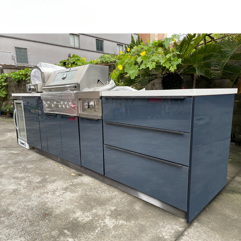 2024 moderno modulare grigio scuro mobili personalizzati cucina all'aperto isola barbecue con lavello e griglia