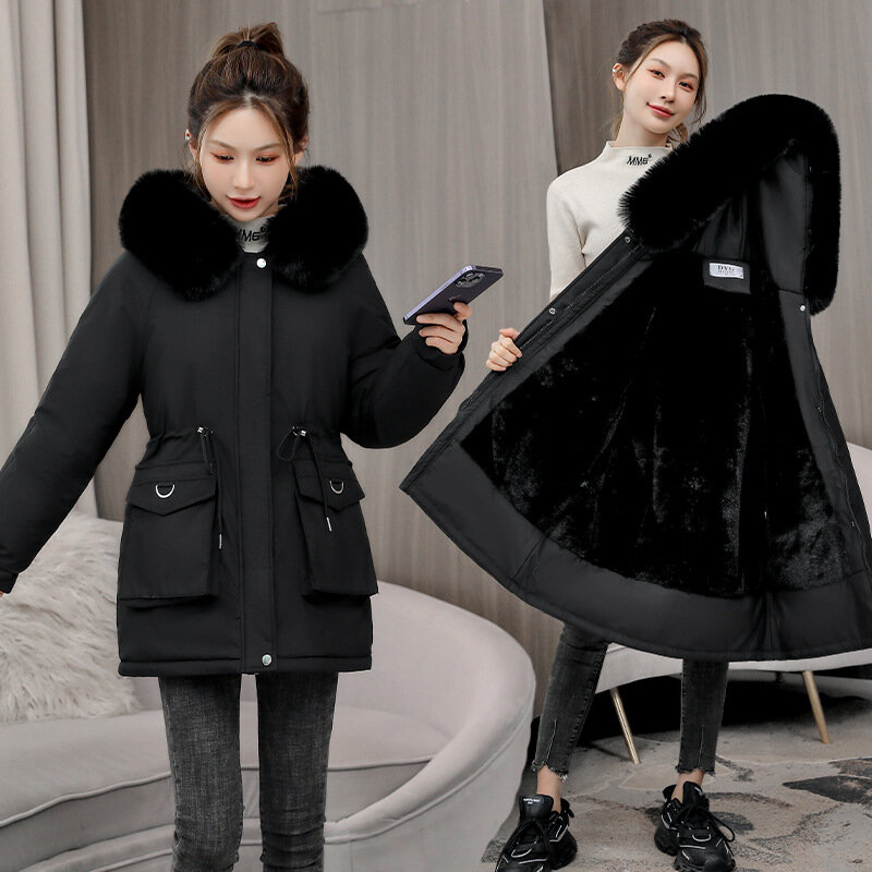 Jaket bulu musim dingin wanita, mantel tebal tahan angin Universitas Vintage Bomber hangat parka Korea lengan panjang bertudung atasan pakaian jalanan