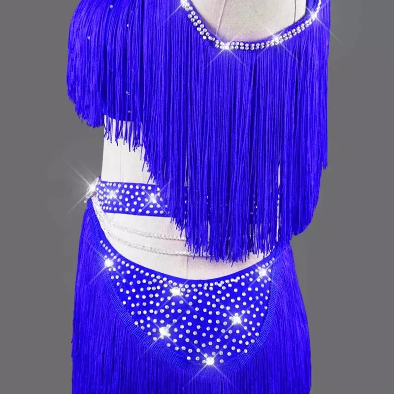 Blue Latin Dance Dress Women Sexy Mesh Suspender Fringe Dress Cha Cha Samba Rumba Salsa Dance Performance Clothing