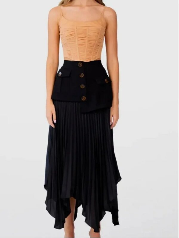 UCXQ Elegant Irregular Chiffon Patchwork Skirt Solid Color All Match Folds Pocket Mid Length Skirts Women 2024 Spring Summer 448