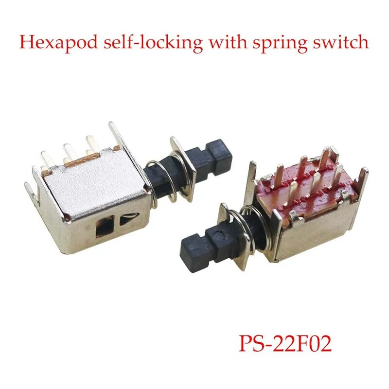 Interruptor de botão com tampa, ângulo direito, trava PCB, duplo pólo, auto ou chave sem travamento, Power 6Pin, PS-22F03, PS-22F02, DPDT, 1Pc